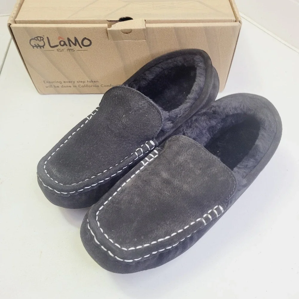 Lamo Men's Moccasin Slippers Size 11 Black Suede Faux Fur Lined House Shoes